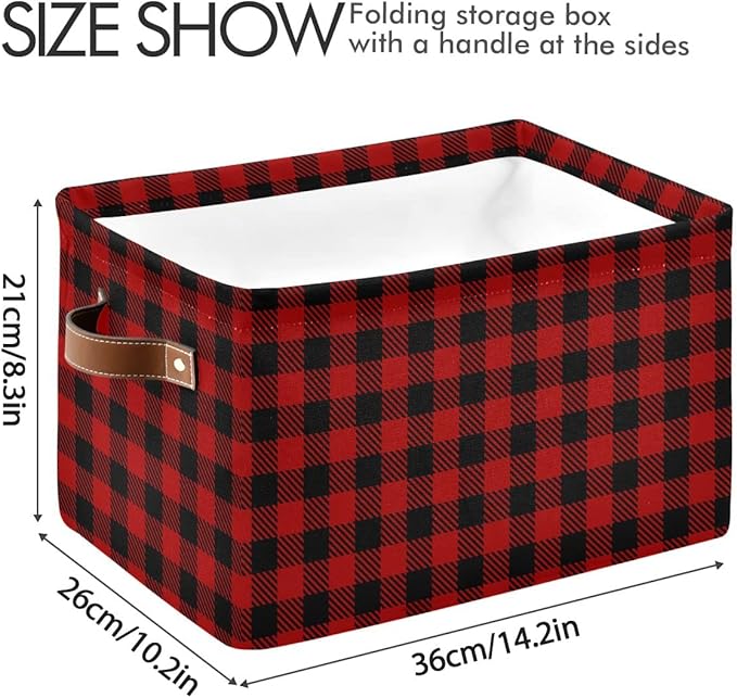 Christmas Red Buffalo Plaid Storage Basket Fabric Laundry Baskets Winter Holiday Decorations Storage Boxes Organizer Bag for Baby Cloth Dog Toy Book Storage Cubes Shelf Closet Bins 16×12×8 Inches