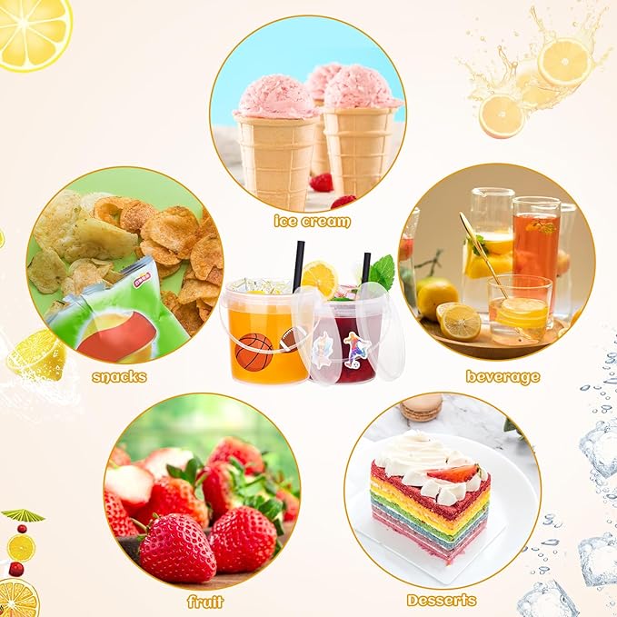 30 Pcs Ice Cream Buckets with Lids and Handles Drink Rum Buckets for Parties Cocktails Reusable Clear Plastic Food Containers with 50 Pcs Sports Stickers