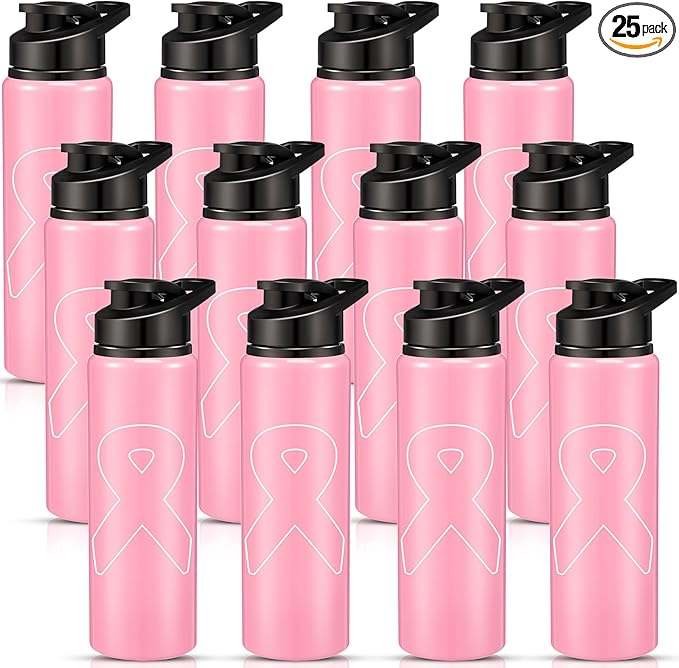 12 Pieces Breast Cancer Awareness Gifts Aluminum Water Bottles Pink Ribbon Breast Cancer Gift for Women Leak Proof Lightweight Portable Bottles for Marathon Running (Stylish Style,25 oz)