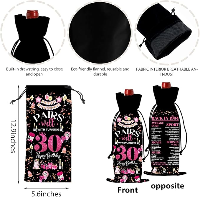 30th Birthday Gifts for Her Women Men Wine Bag, 30 Year Old Birthday Gifts for Women Men, Happy 30th Birthday Party Decorations for Her Him, Pairs Well with Turning 30 Wine Bags (Black Pink)