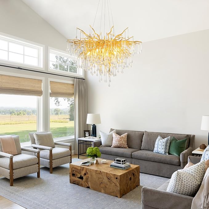 31.5 Inch Modern Crystal Chandeliers,10-Light Gold Tree Branch Chandelier Hanging Light Fixtures,Raindrop Chandeliers for Dining Room,Living Room