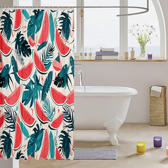 Feelyou Tropical Leaves Shower Curtain Watermelon Fabric Shower Curtain for Kids Boys Girls Colour Bathroom Waterproof Accessories with 12 Hooks Green Leaf Curtains,72x72 Inches