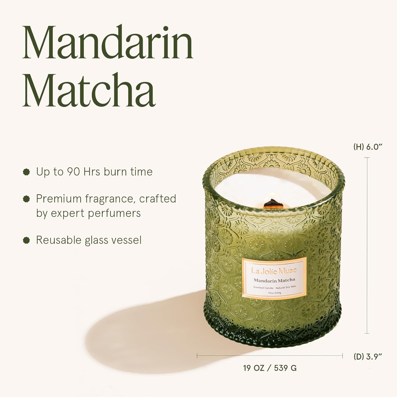 LA JOLIE MUSE Mandarin Matcha Candle - Bergamot, Matcha, Cedarwood | 19 oz Large Wooden Wick Candles | Natural Soy Wax | 90 Hours Clean Burn | Fresh Citrus Candle | Gift-Ready for Hosts