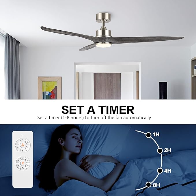 WINGBO 60 Inch DC Ceiling Fan with Lights and Remote Control, 3 Reversible Carved Wood Blades, 6-Speed Noiseless DC Motor, Modern Ceiling Fan in Brushed Nickel Finish with Gray Blades