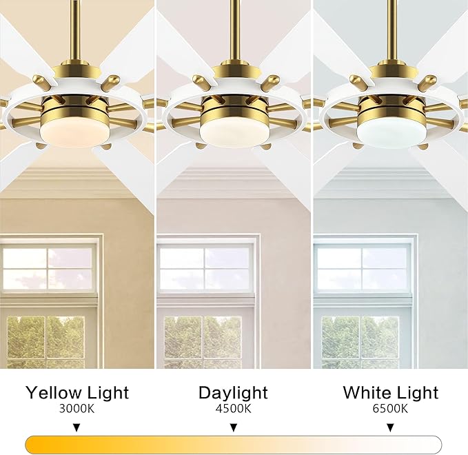 80" Ceiling Fan with Lights and Remote Control, Wood 8 Blades 6-Speed Noiseless Reversible DC Motor, 3 Downrods, Modern Large Ceiling Fan for Bedroom Dining Living Room, Gold Finish+White