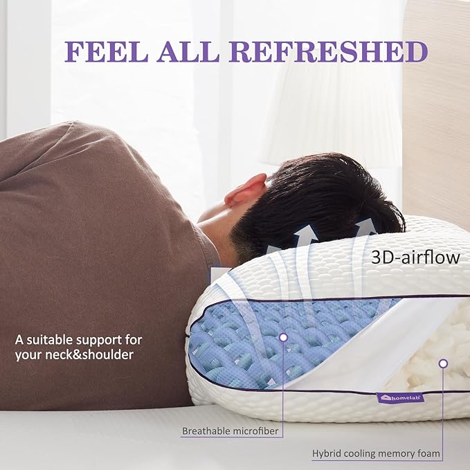 HOMELAB Adjustable Shredded Memory Foam Pillows Queen Size, Cooling Bed Pillows for Sleeping with Removable Cover, Medium Pillows for Side Stomach & Back Sleepers, 2 Packs 20"x28"