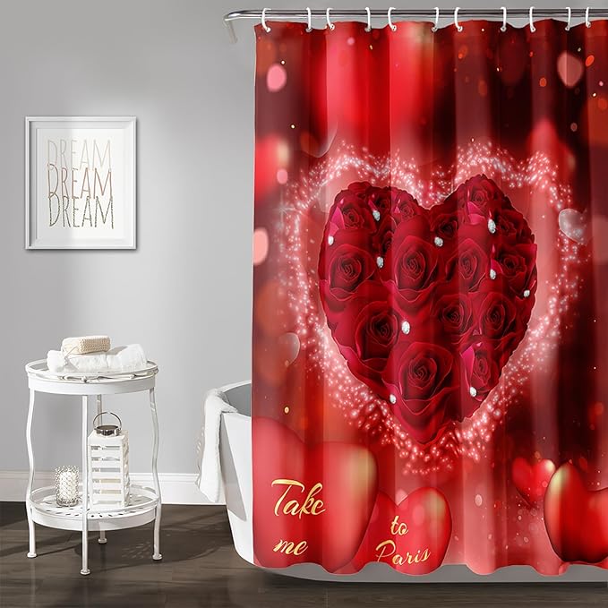 AILONEN Red Rose Hearts Printed Shower Curtain,Romantic Rose Lover Couple Bath Curtain,Fantasy Love Hearts Red Curtain for Bathroom Decor 48" W x 72" H,Waterproof