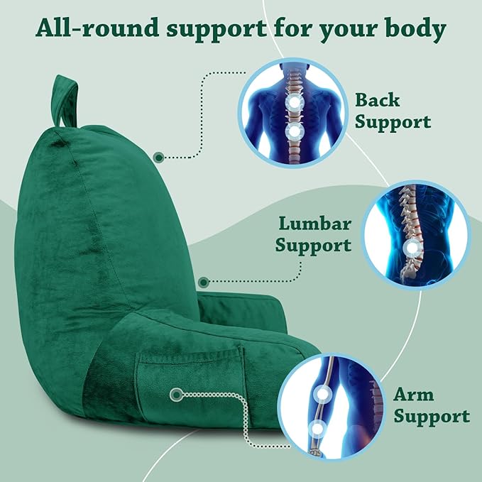 LOVTEX Reading Pillow with Removable Cover, Back Pillow for Sitting Up in Bed with Arms and Pockets, Bed Rest Pillow Adult, 20 x 15 Inches(Emerald Green)
