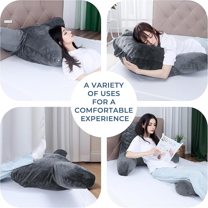 COOLBEBE Reading Pillow for Bed Backrest Pillow for Bed Sitting Up Adult with Arms Grey Back Support Pillow with Headrest & Pockets, Removable Washable Cover and Detachable Neck Roll(Large 27")
