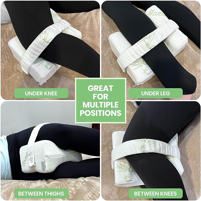 Crew & Chane Knee Pillow for Side Sleepers with Strap, Memory Foam Leg Pillow for Sleeping & Pregnant Women, Sciatica Pain Relief Pillow, Hip Pain & Lower Back Pain Relief