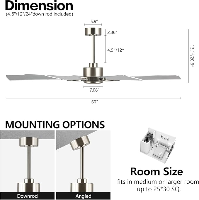 60 Inch Ceiling Fan without Lights, Wood 8 Blades 6-Speed Noiseless Reversible DC Motor, Modern Large Remote Control Ceiling Fan for Bedroom Dining Living Room, Nickel Finish+Silver