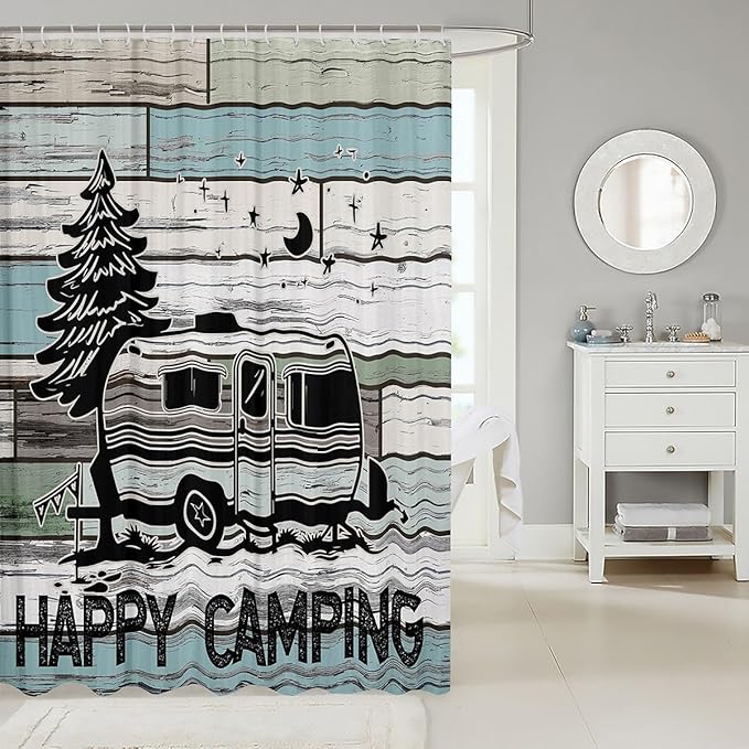 Feelyou Happy Camping Fabric Shower Curtain Shower Curtain Camper for Kids Boys Girls Rv Camping Bathroom Waterproof Accessories with 12 Hooks Rustic Vintage Farmhouse Style Curtains,72x84 Inches