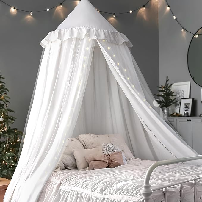 Bed Canopy with String Light, Double Layer Mosquito Net Bed Canopies White Princes Fairy Canopy Tent for Girls, Adults, Hanging Bed Tent Drapes Bed Curtains Reading Nook, 27''x108''