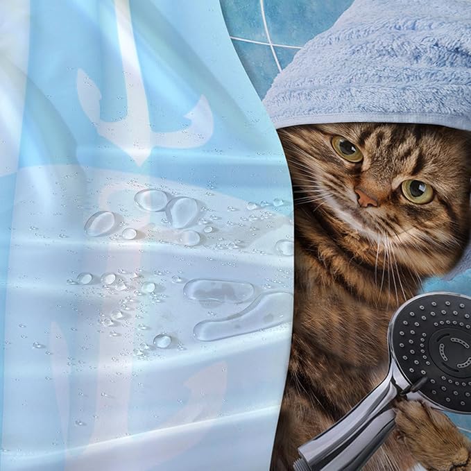 AILONEN Funny Cat Shower Curtain for Kids 60" W*72" H Inch,Cute Kitten Taking Shower Bathroom Curtain,12 Pack Hooks Polyester Waterproof Fabric Decor for Bathroom,Blue