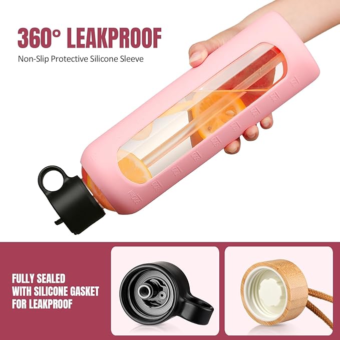 32oz Glass Water Bottle With 2 Lids-Flip Straw Lid, Bamboo Lid, Glass Water Bottle With Silicone Sleeve, Motivational Time Marker, Glass Juice Bottle for Cold Drink,Pink