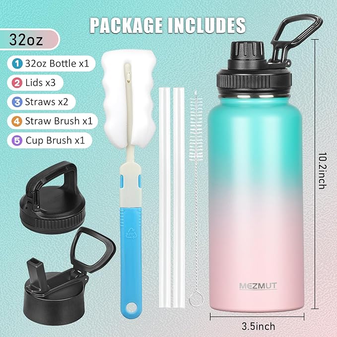 32oz Insulated Water Bottle with Straw&3 Lids,Stainless Steel Water Bottles Double Wall Metal Thermos Water Bottle Leak-proof Vacuum Insulated Bottles for Sports Camping Hiking Gym School