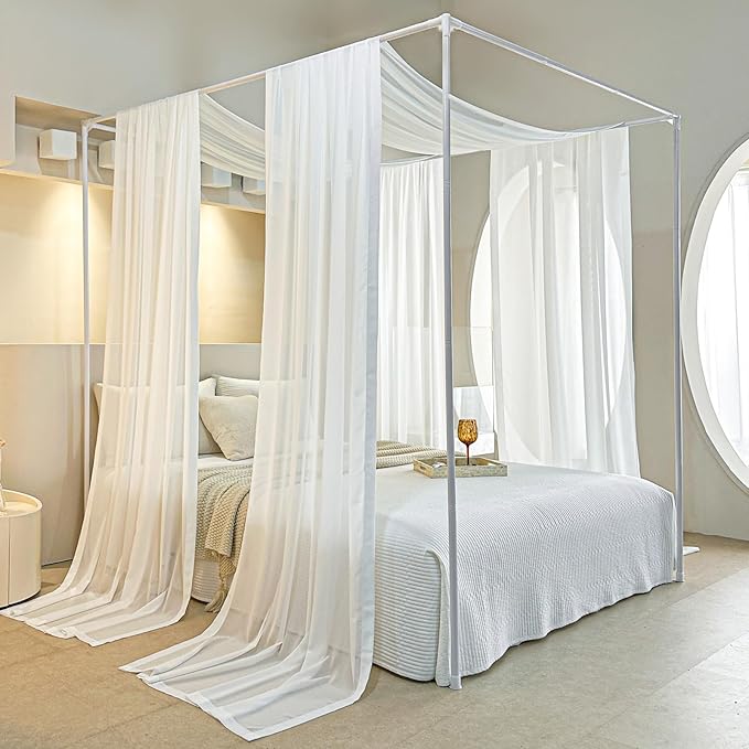 AIKASY White Bed Canopy Scarf for Full/Queen - Luxury Sheer Canopy Bed Curtains with Light - Suitable for Four-Poster Bed, Metal Bed Frame, Wood Bed Frame -2pic