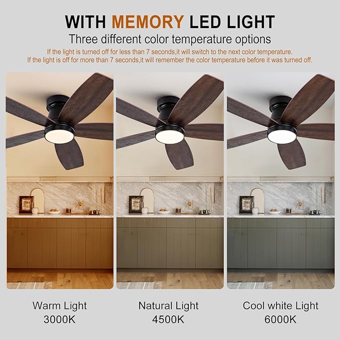 42 inch Ceiling Fans with Lights and Remote,Flush Mount Black Ceiling Fan,Memory Fuction Reversible Quiet DC Motor Low Profile Ceiling Fans For Living Room Bedroom Indoor Outdoor(Black&Walnut)