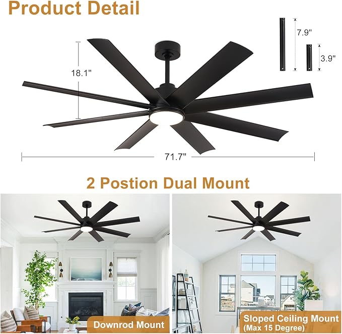 Depuley 72" Large Ceiling Fans with Lights and Remote App, Industrial Ceiling Fan for Kitchen Living Room Covered Patio, 5-Speed Reversible DC Motor, 3 CCT Dimmable LED Lighting, 8 Blades, Timer