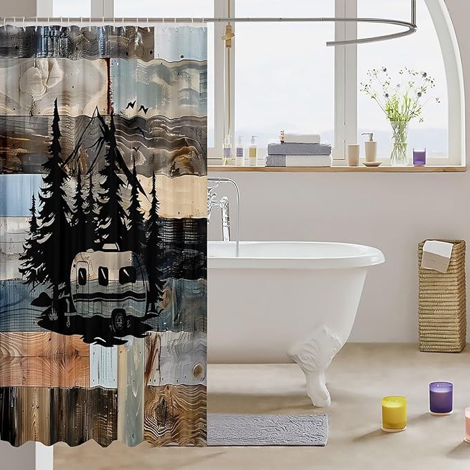 Feelyou Camper Bath Curtain Camping Bathroom Shower Curtain Set for Kids Toddler Boys Girls Happy Camping Shower Curtain Camping Car Kids Bathroom Accessories 72"x72"