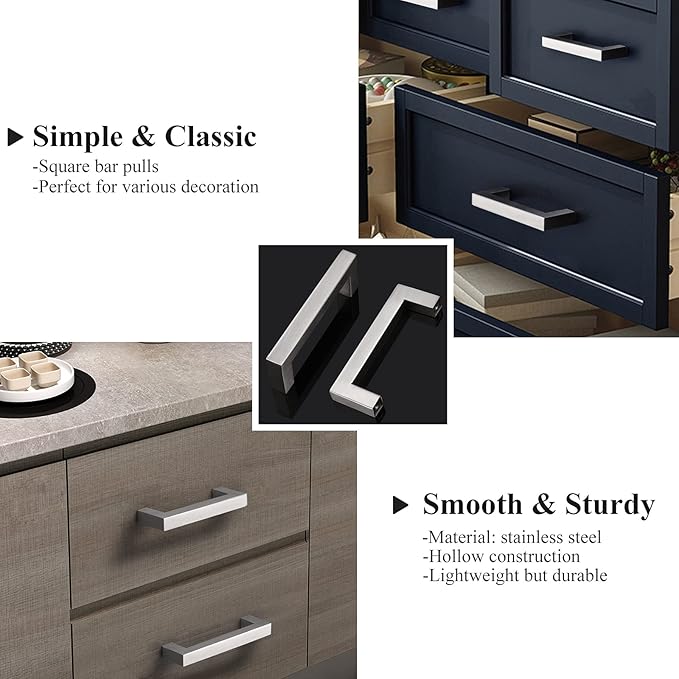 Probrico 10 Pack|Sqaure Kitchen Cabinet Pulls 3-1/2 inch Hole Center, Stainless Steel Furniture Cabinet Hardware, Brushed Nickel Cabinet Handles, 4 Inch Total Length