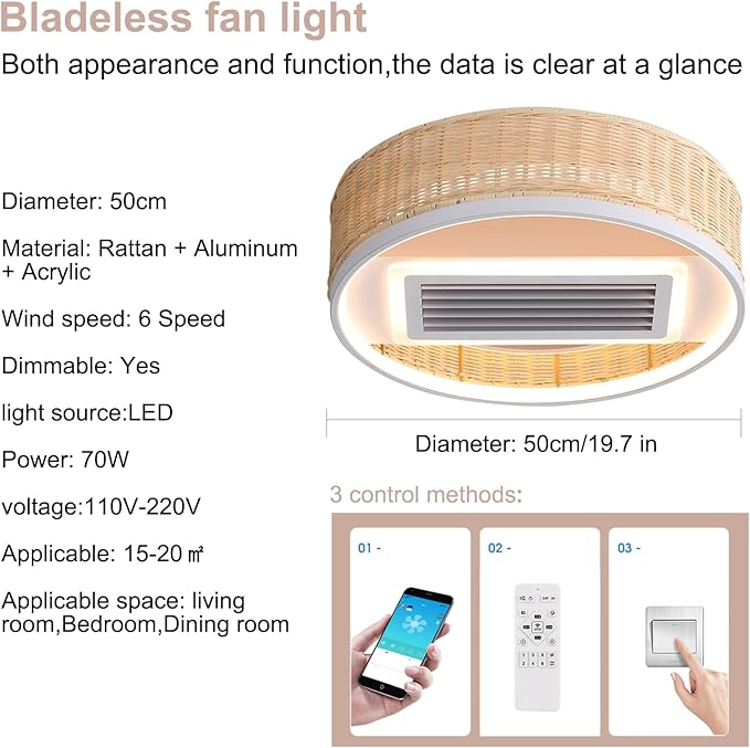 19.7''Mondern LED Bladeless Ceiling Fan, Smart Low Profile Ceiling Fan with Light, Rattan Boho Flush Mount Ceiling Fan, Dimmable Bedroom Ceiling Lights with Reversible Fans (Wood)