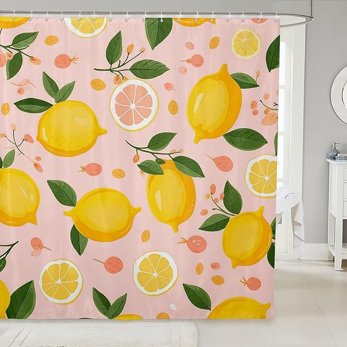 Feelyou Lemon Shower Curtain Kids Cartoon Lemon Fabric Shower Curtain Citrus Bathroom Waterproof Accessories with 12 Hooks for Women Men Yellow Pink Curtains,72x78 Inches