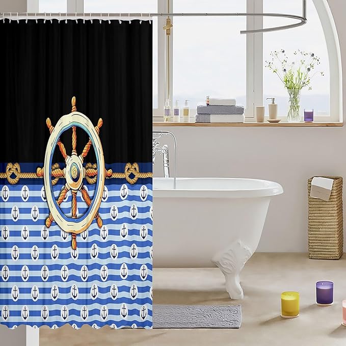Feelyou Anchor Decor Shower Curtain 72"x84" Kids Nautical Bathroom Shower Curtain Set for Boys Girls Teens Black Blue Bath Curtain Marine Theme Compass Print Bathroom Accessories
