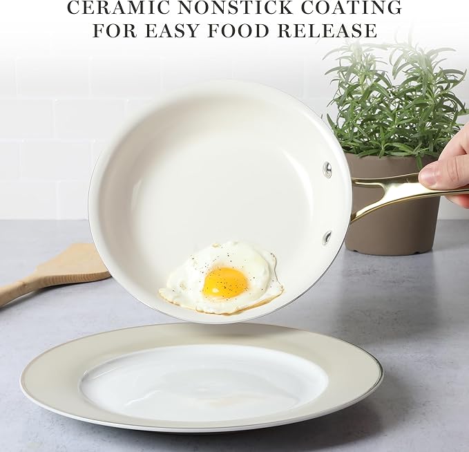 Martha Stewart Galway Premium Nonstick PFA Free Ceramic Interior 10 Piece Heavy Gauge Enamel Aluminum Pots and Pans Cookware Set W/Aluminum Lids - Pink W/Gold Handle