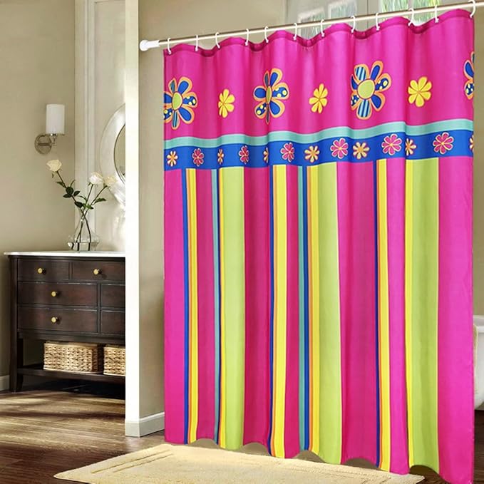 Pink Stripe Shower Curtain Floral for Bathroom Decor, Rustic Style 70.8" x 78.7" Waterproof Polyester Fabric Shower Curtain Liner Art Bath Curtain with 12 Hooks