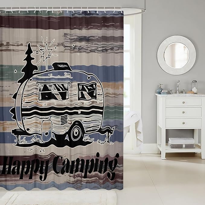 Feelyou Camper Shower Curtain Happy Camping Fabric Shower Curtain for Kids Boys Girls Wooden Rustic Bathroom Waterproof Accessories with 12 Hooks Rv Camping Curtains,72x78 Inches