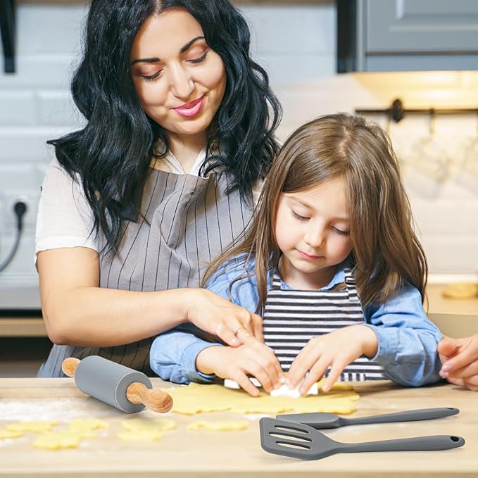 Kids Cooking & Baking Set, 16 Pcs Grey Real Kids Kitchen Utensils Set with Storage Case, Toddler Cooking Set, Toddler Chef Set for Junior Chef with Kids Apron & Hat, Kids Baking Sets for Boys & Girls