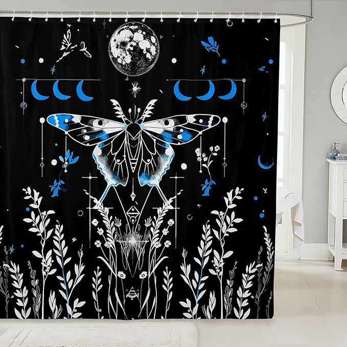 Feelyou Goth Moth Fabric Shower Curtain Bohemian Moth Floral Shower Curtain Kids Boys Girls Moon Bathroom Waterproof Accessories with 12 Hooks Boho Exotic Style Black Blue Decor Curtains,72x78 Inches