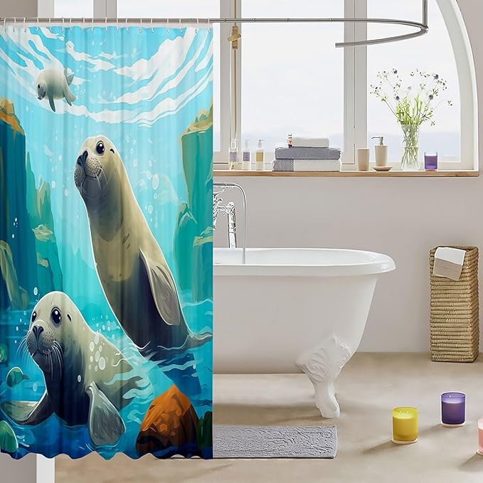 Feelyou Manatee Fabric Shower Curtain for Kids Boys Girls Cute Manatee Bathroom Waterproof Accessories with 12 Hooks Ocean Animal Shower Curtain Ocean Theme Curtains,72x84 Inches