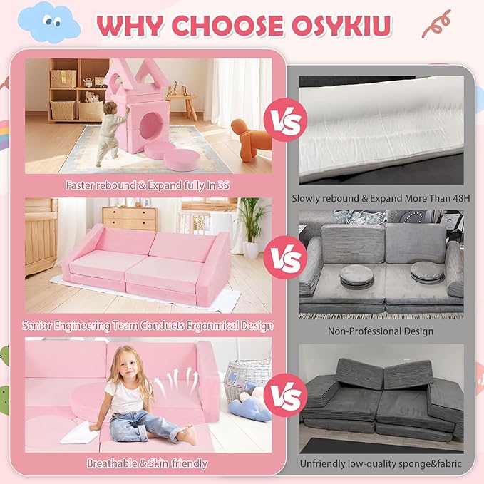 2024 New Modular Kids Play Couch, 12pcs Toddler Sofa Couch Building Fort, Versatile 300+DIY Creativing Playroom Bedroom Furniture for Toddlers. Convertible Kids Sofa and Cushion for Boys and Girls