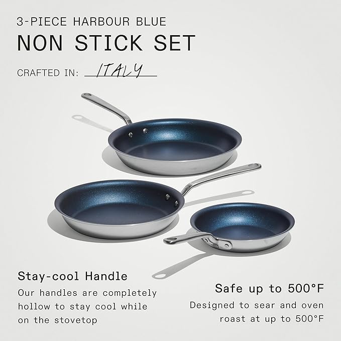 Made In Cookware - ProCoat Non Stick 3 Piece Frying Pan Set (Includes 8",10",12") - 5 Ply Stainless Clad - Professional Cookware - Crafted in Italy - Induction Compatible (Harbour Blue)