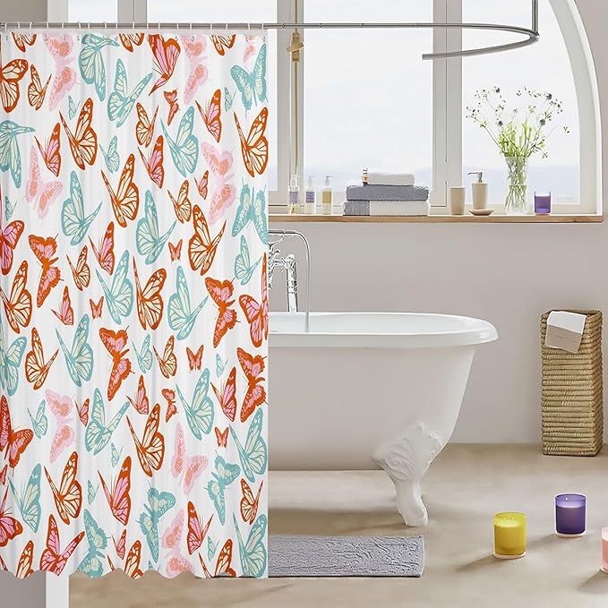 Feelyou Butterfly Bath Curtain Butterflies Print Shower Curtain Girl Butterfly Bathroom Shower Curtain Set for Kids Boys Girls Beautiful Butterfly Kids Bathroom Accessories 72"x72"