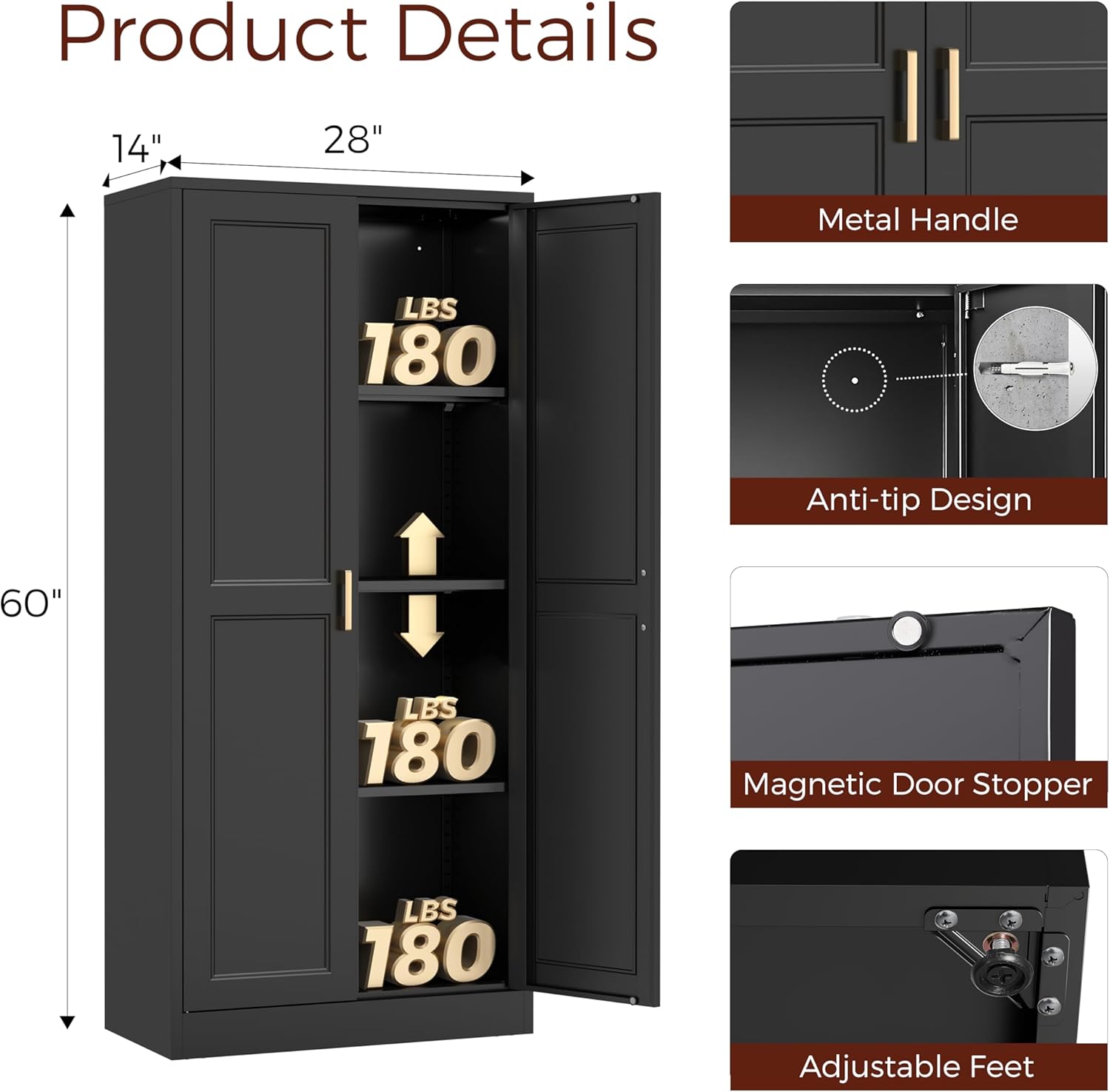 60" Tall Metal Pantry Cabinet, Black Kitchen Pantry Storage Cabinet with Doors and 3 Adjustable Shelves, Cupboard for Kitchen, Dining Room, Living Room, Bathroom