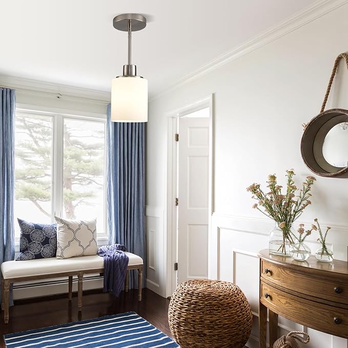 Brushed Nickel Pendant Lights Kitchen Island - Milk Glass Pendant Light Fixture Multiple Stems Rods 3 Units 12 Inch 3 Units 4 Inch (2 Pack Brushed Nickel Downrod)