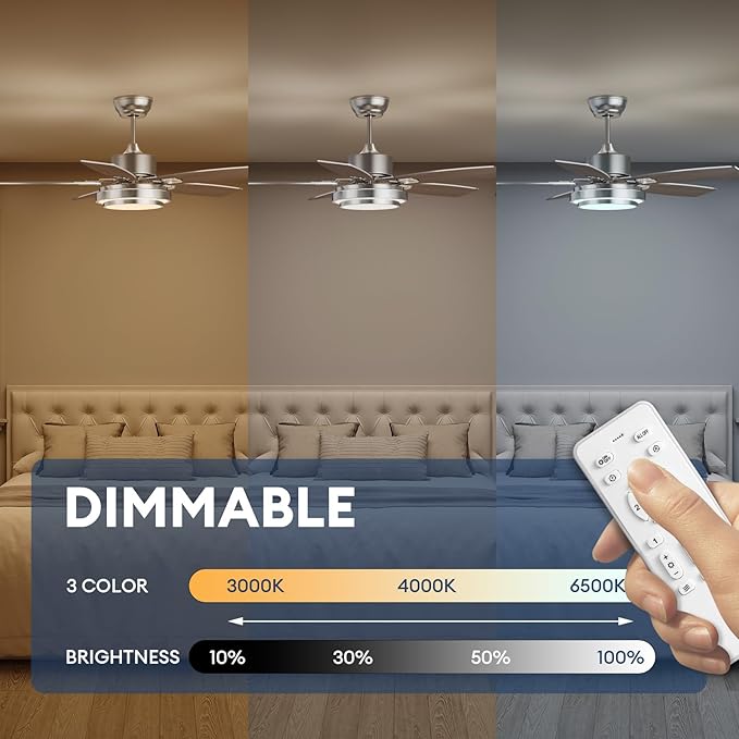 42 Inch Ceiling Fans with Lights and Remote/APP Control, Modern Nickel Ceiling Fan with Quiet Reversible DC Motor, 3 CCT Dimmable LED for Bedroom, Living Room, Patio, Indoor and Outdoor