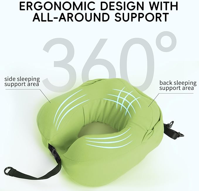Travel Pillow with Hood for Airplane, 100% Pure Memory Foam Hooded Neck Pillow for Traveling, Car, Office, Soft, Machine Washable, Easy Storage, Green