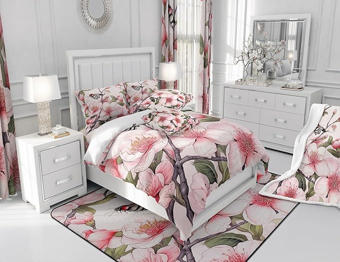 Feelyou Peach Blossom Fabric Shower Curtain for Kids Boys Girls Flower Floral Bathroom Waterproof Accessories with 12 Hooks Pink Shower Curtain Honey Curtains,72x84 Inches