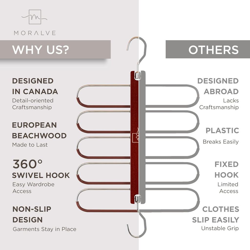 MORALVE Pants Hangers Space Saving - 2 Pack European Beechwood Scarf and Jean Hangers - Closet Organizer and Space Saver Pant Rack, Leggings Hanger, and Scarf Holder with 360° Swivel Hook