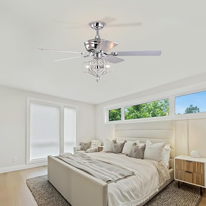 NicBex Ceiling Fan 52 Inch Crystal Ceiling Fan with Lights Ceiling Fans with 5 Blades and Remote Control Ceiling Fan with Lamp Shade for Bedroom, Living Room, Silver