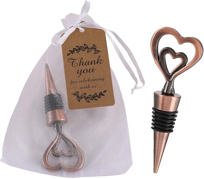 24PCS Double Heart Shape and Beverage Wine Bottle Stoppers Love Design Wine Caps Reusable Plug Keep Wine Fresh for Wedding Birthday Baby Shower Gifts for Guests (24,Bronze Heart)