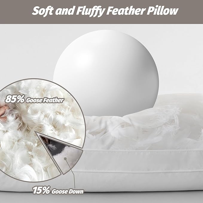 Feather Pillows Queen Size Set of 2,100% Cotton Shell Goose Down Pillow,Feather Down Bed Pillow, White Hotel Pillow (Queen)