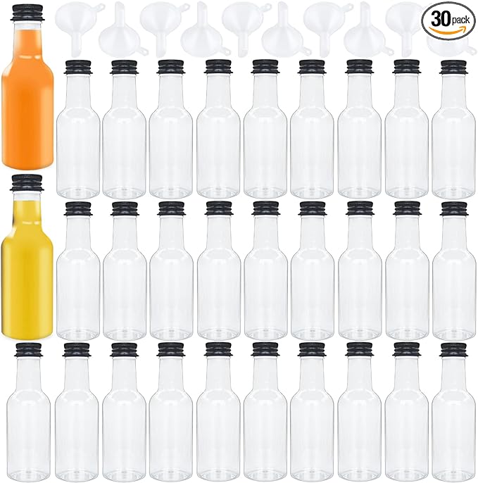 30 Pack 1.7oz Mini Liquor Bottles with Black Cap,Plastic Alcohol Bottles with 10 Funnels,Airtight Plastic Spirit Bottle for Weddings,Party Supplies