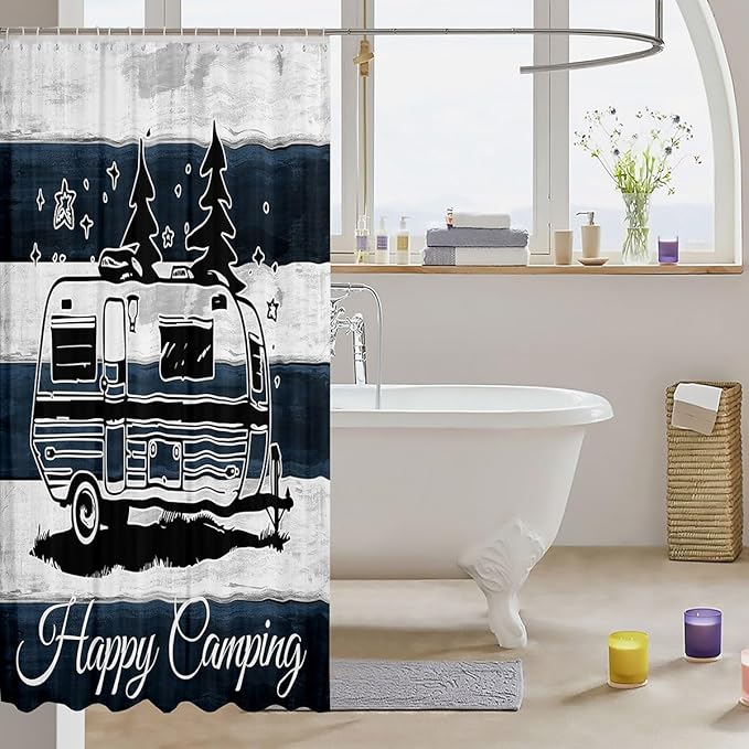 Feelyou Camper Shower Curtain Happy Camping Fabric Shower Curtain for Kids Boys Girls Rv Camping Bathroom Waterproof Accessories with 12 Hooks Camper Accessories Travel Trailers Curtains,72x84 Inches