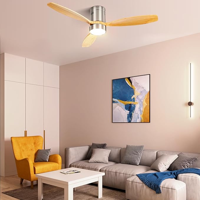 Sofucor 52 Inch Low Profile Ceiling Fan with Lights Remote Control Wood Blades Reversible DC Motor Modern Ceiling Fan for Kitchen, Bedroom, Basement, Dining, Living Room, Silvery wood