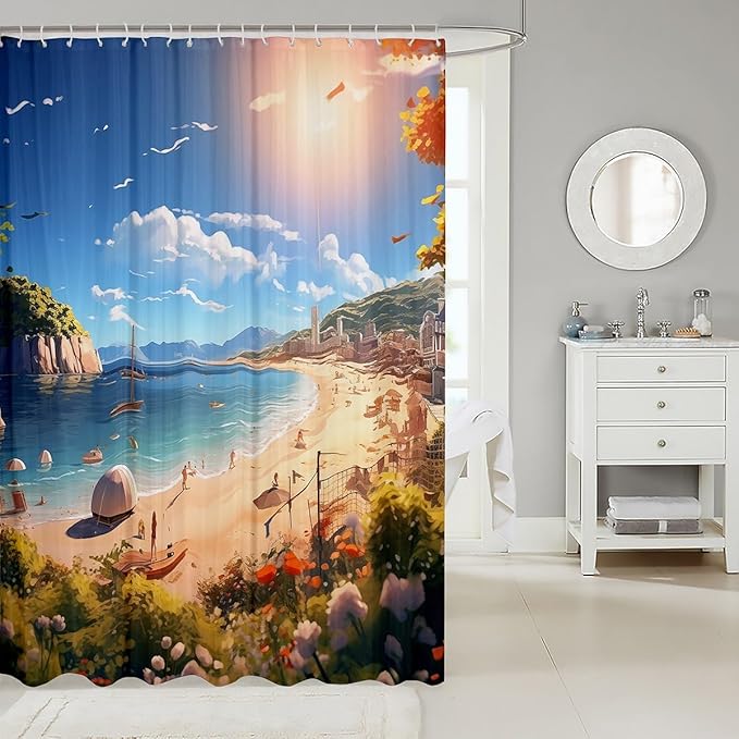 Feelyou Beach Shower Curtain Kids Beach Ocean Fabric Shower Curtain Nutrue Theme Bathroom Waterproof Accessories with 12 Hooks for Women Men Summer Holiday Curtains,72x72 Inches